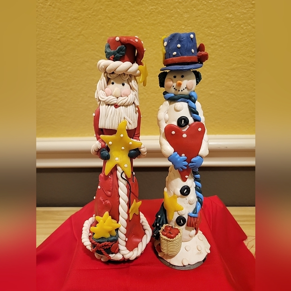 Set Of 2 Vintage Fimo Clay Santa And‎ Snowman Candlestick Holders, Pre-owned
